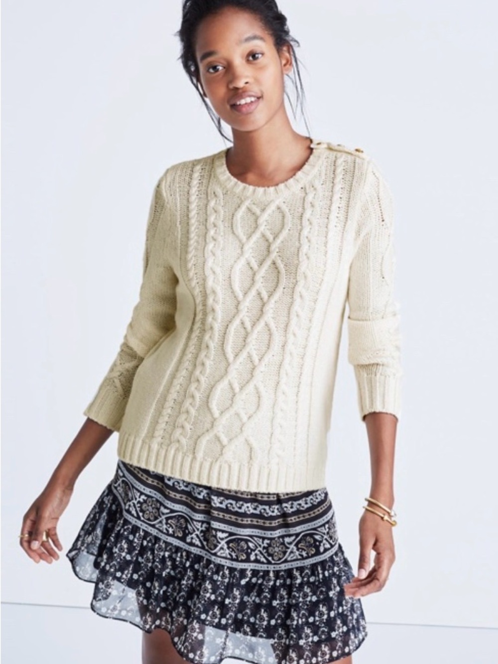 Sezane Cream Cable-Knit Crewneck Sweater